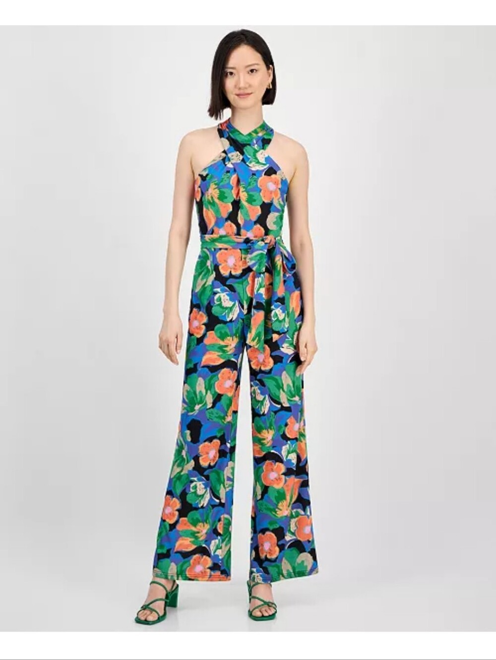 Tahari ASL NWT Twist Neck Halter Floral Jumpsuit Size 16 $149 Wide Leg Modern